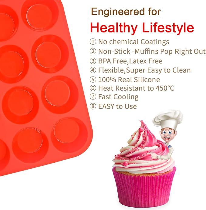 Silicone Muffin Pan Set,2 Pcs 2.8" 12 Cups Egg Bite Mold,Non-Stick,Easy Release,For Egg Muffins, Cupcakes, Large Muffins,Pizza Muffins,Cheesecakes(Black + Red)