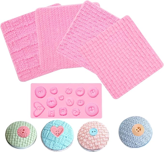 Fondant Impression Mats Molds, Knitting with Button Silicone Chocolate Molds (5 Packs), Sweater Design Knit Impress Texture Stamp Mat for Baby Shower, Birthday Cake Decorating Cupcakes Topper