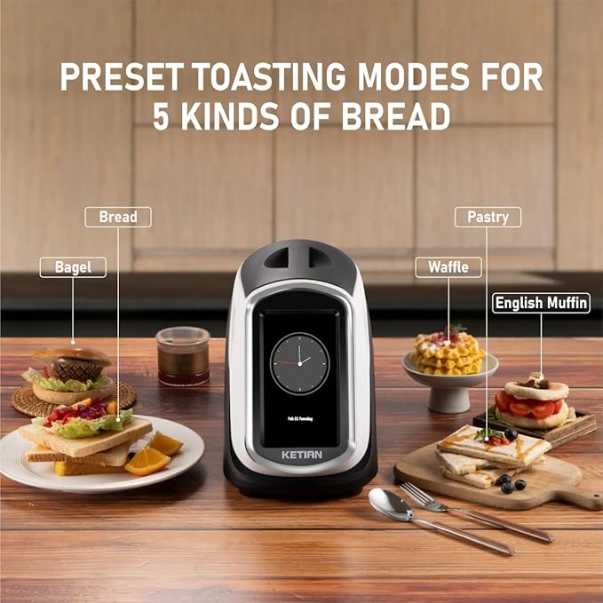 2 Slice Touchscreen Toaster,2 Wide Slots,Smart Bread Toaster for Bagel English Muffins Toast Pastry Waffles Bread, Customize Toasting Time,Have a Quick Look,120V 1400W