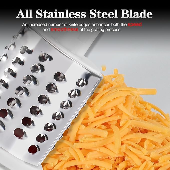 Ourokhome Rotary Cheese Grater Hand Crank, Kitchen Shredder Speed Mandolin Slicer Nut Grinder with Handle and Drum Blades for Cheese, Vegetable, Walnut, Chocolate, Potato, Carrot, 3 Blades, Yellow