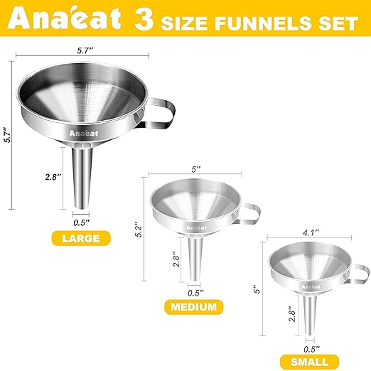 Anaeat Stainless Steel Kitchen Funnel, Multi-Use Premium Metal Food Grade Cooking Funnels with 2 Removable Strainer Filter for Transferring Liquid or Dry ingredients, Oils & 1 Pc Cleaning Brush (5.7")