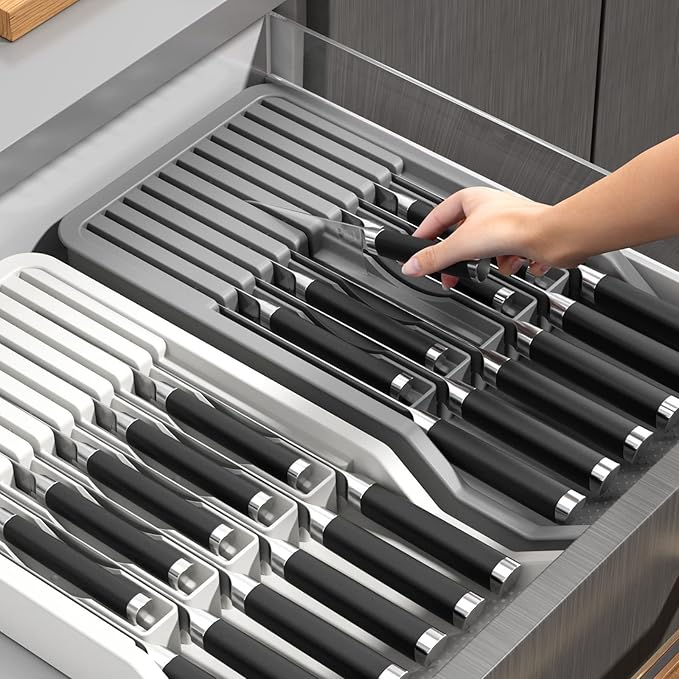 Knife Holder, In Drawer Knife Block Holder with Expandable Cutlery Tray Kitchen Drawer Organizer Insert-Holds 11 Knives for Save Space & Kitchen Safety (Drawer knife holder, Plastic)