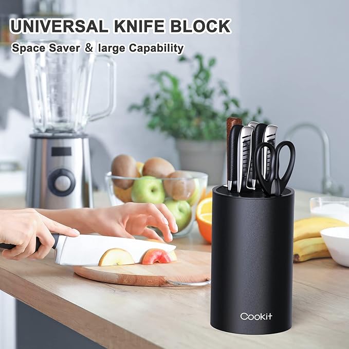 Knife Block Without Knives, Cookit Universal Round Knife Block Only, Detachable Knife Holder for Easy Cleaning, Space Saver Knife Storage Holder with Scissors Slot, Black