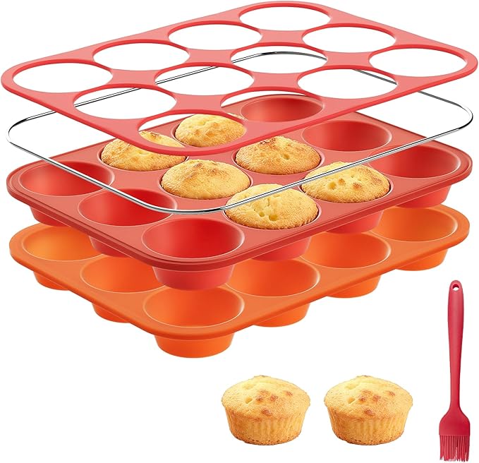 Silicone Muffin Pan with Metal Reinforced Frame,2 Pcs 2.9" Regular Size 12 Cups Egg Bite Mold,Non-Stick,Easy Release,For Egg Muffins, Cupcakes, Large Muffins,Cheesecakes(Orange + Red)