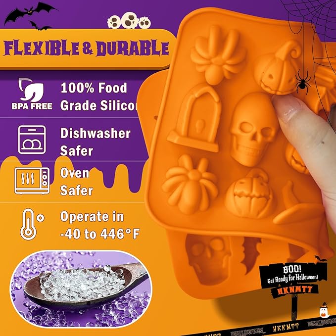 Halloween Molds Silicone for Chocolate 4 Pack, 3D Halloween Chocolate Candy Gummy Mold Skull Pumpkin Bat Ghost Witch Hat Spider tombstone Shapes Mold