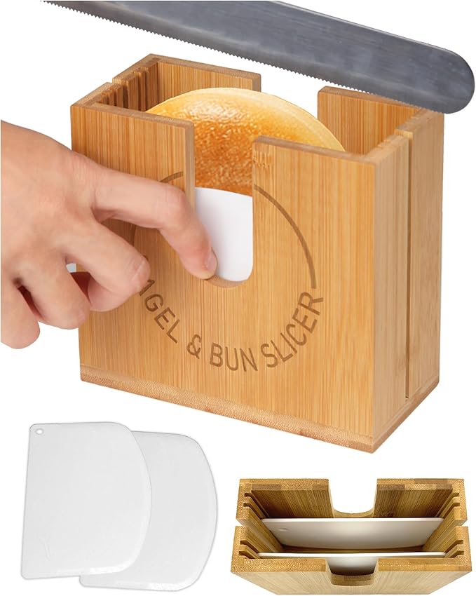 Adjustable Bagel Slicer Holder | Bamboo Bagel Cutting Holder with Width Adjustable Slots for Small & Large Bagels, Buns & English Muffins, Knife Groove for Long Bread Knife + Non-Slip Base