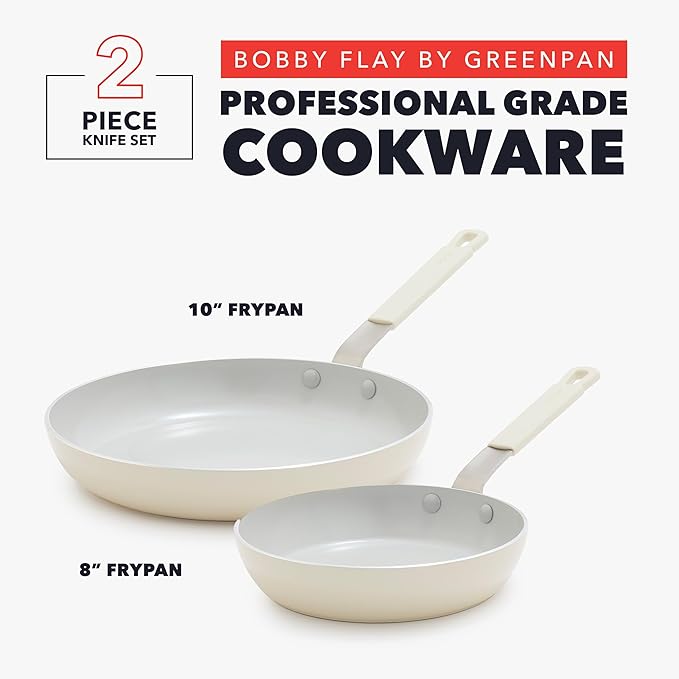 GreenPan x Bobby Flay 2 Piece- 8” and 10” Nonstick Frying Pan Skillet Set, PFAS-Free Diamond Ceramic, Induction Suitable, Stay-Cool Silicone Handle, Easy Clean Dishwasher & Oven Safe, Cream