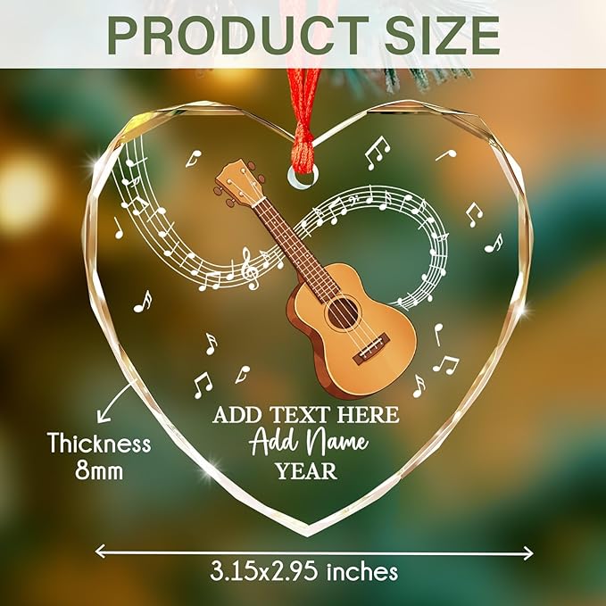 Personalized Ukulele Glass Ornament with Text Name Year, Ukulele Instrument Christmas Tree Ornament, Customized Musical Instrument Christmas Ornaments 2025, Gift for Men Women Music Lover