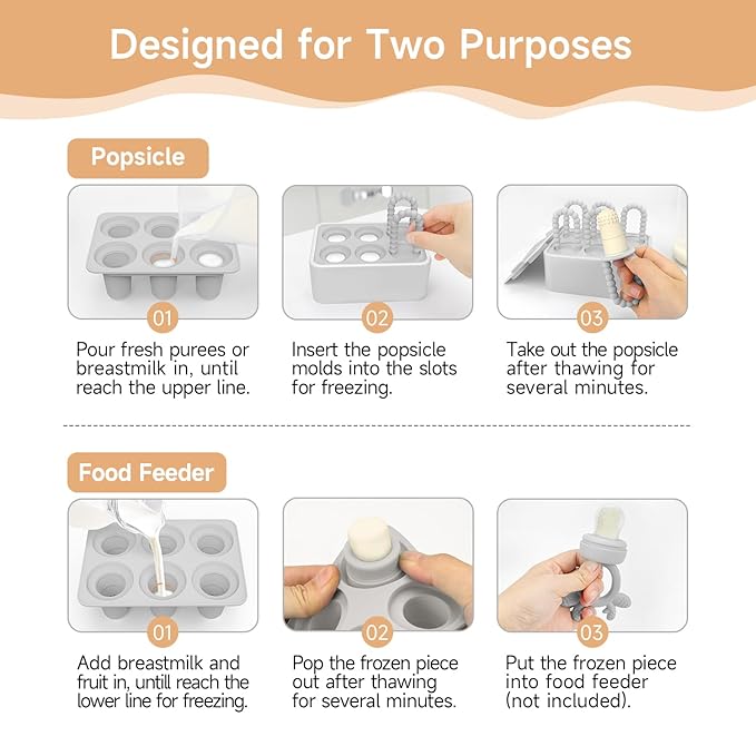 Morlike Baby Tiny Pops, 100% Silicone Popsicle Mold for Infants 4 Months +, Breastmilk Ice Pop Molds Teethers for Teething Relief, Baby Essentials, BPA Free & Dishwasher Safe (Grey)