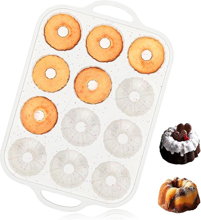Vinino Silicone Mini Fluted Tube Cake Pans with Metal Reinforced Frame, 12-Cavity Mini Flan Molds, Non-stick Cupcakes Pans for Baking, Donuts, Muffins, Cornbread, Brownies, Jellies