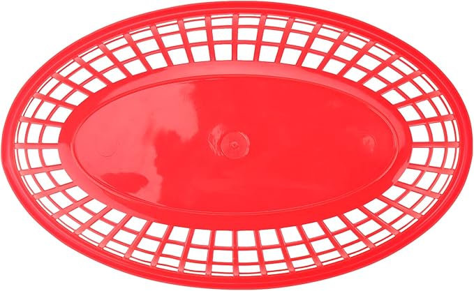 60 Pack Red Plastic Oval Fast Food Baskets - 9x5.7x1.6 Inch, Perfect for Picnic, Deli Serving, Chicken, Burgers and Fries