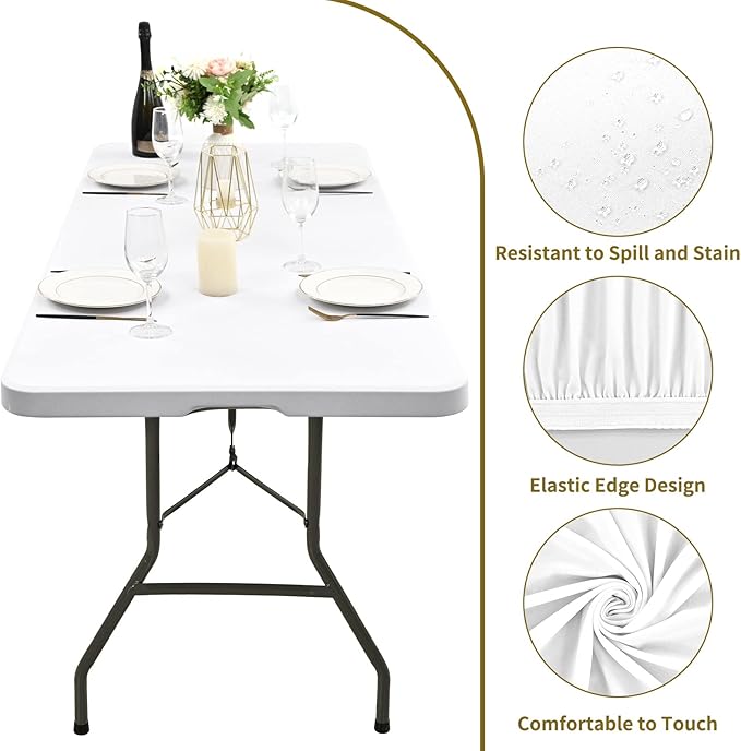 10 Pack Stretch Fabric Table Top Cap Cover, fits 8' Tables, Spandex Table Covers Washable Elastic Rectangle Tablecloth Protector for Indoor Outdoor Party Picnic Wedding, White, 30" W x 96" L
