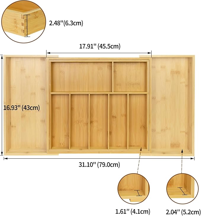 Utoplike Extra Large Kitchen Drawer Organizer, Expandable Bamboo Drawer Holder for Utensils, Silverware, Flatware, 7-9 Slots Cutlery Tray