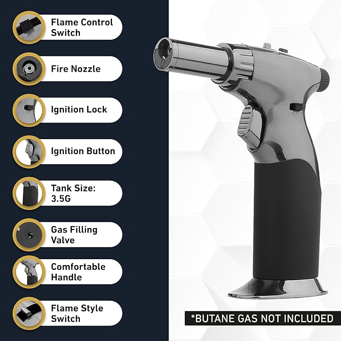 Dual Flame Butane Torch Gun - Refillable Luxury Hand Held Mini Blow Torch for Cooking, Creme Brulee, Soldering, Welding, & Resin Art - Adjustable Flame with Ignition Lock - Steel Black by inZaynity