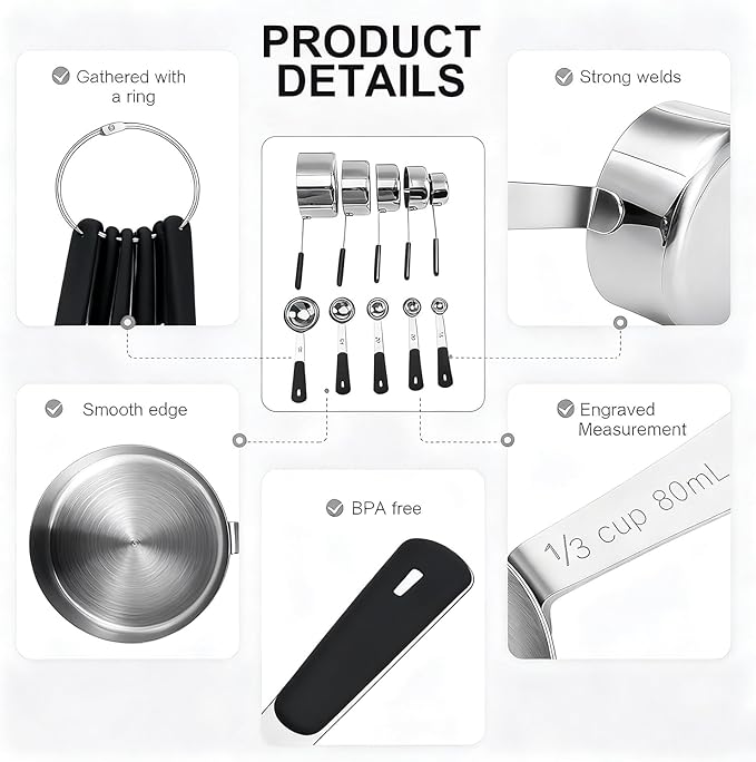 Measuring Cups and Spoons Set, Stainless Steel 10 Piece for Cooking and Baking (5 Cups + 5 Spoons, Black Handle)