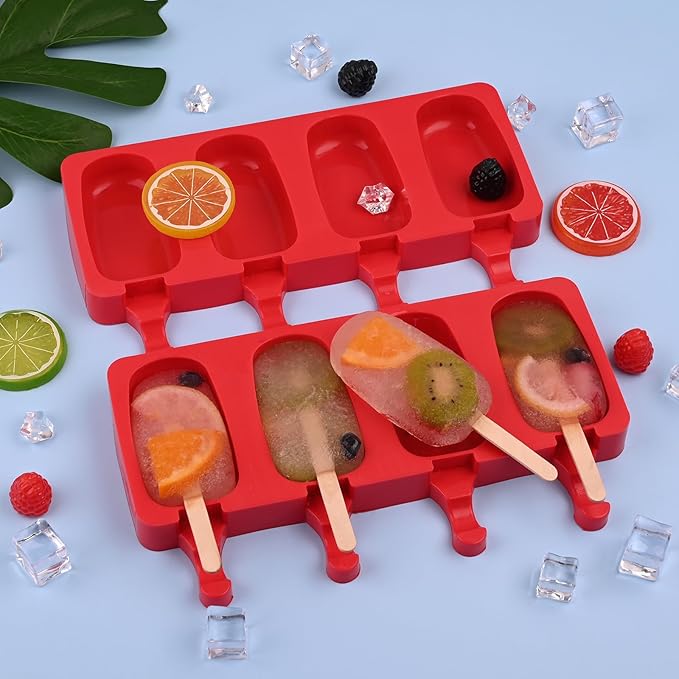 WMKGG Popsicle Silicone Molds Set, 2 PCS Ice Cream Molds with 50 Wooden Sticks for Cake Pop, Ice Pop, Cakesicles (Standard Size/Red)