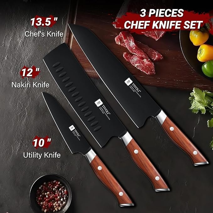 TIVOLI 3 Piece Kitchen Knife Set - High Carbon Steel Black Blade Rustproof Coating - Chef Knife Set with Ergonomic Wood Handle, Cooking Knife Set for Meat Vegetable Fruit, Gift Box Sharp Knives