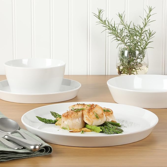 Martha Stewart Selma Chip & Scratch Resistant Dinnerware Set – White Plates and Bowls, Durable Dishwasher and Microwave Safe Dishes Set for Everyday Use