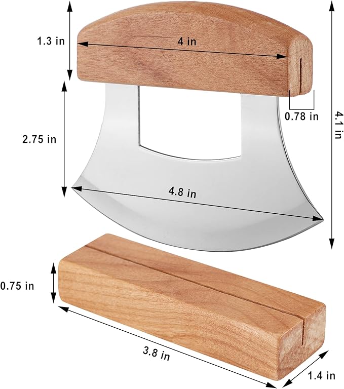 Hanaive 2 Pack 4 x 5 inch Mezzaluna Ulu Knife Salad Veggies Rocker Chopper Slicer Cutter Mezzaluna Knife with Wooden Display Stand for Kitchen Cutting Chopping Knives Chef Cleaver