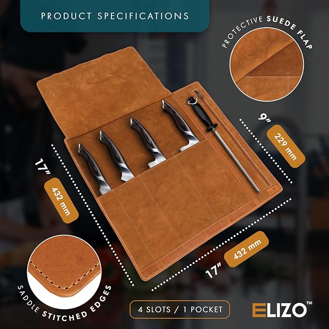 ELIZO Leather Knife Roll Bag Professional Chef Knife Case, Durable Knife Sheath Holder, Cooks & Culinary Tools Carrying Storage, Portable Knife Wrap - 4 Slots (Palomino)