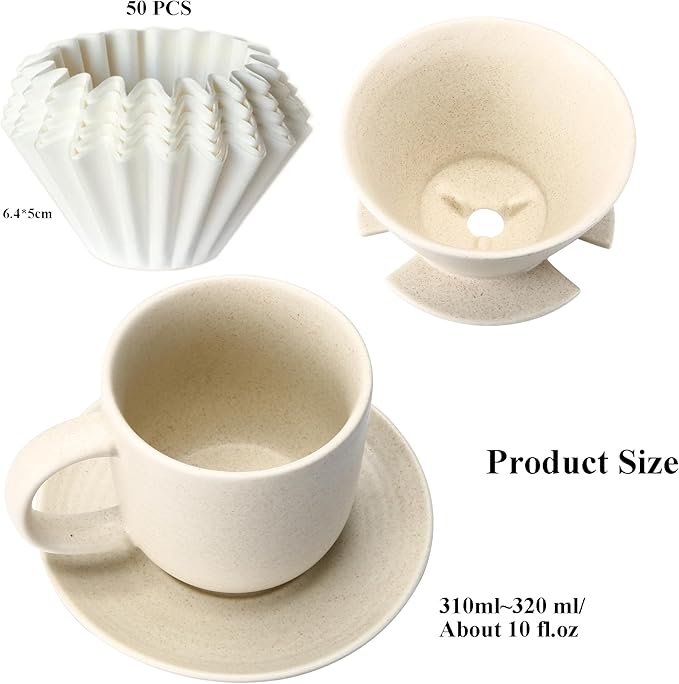 Pour Over Coffee Maker, with 50 PCS Basket Coffee Filters, 310 ml/10 oz Mug with Saucer & Coffee Dripper, Ceramic, Off-white