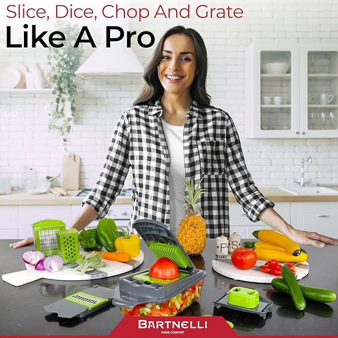 Bartnelli Vegetable Chopper Food Slicer Pro | 15 Pc MultiFuctional Kitchen Gadgets for Onion, Veggie, Cheese Grater, Vegetables Cutter With Large Container, Easy to Clean, With Bonus Brush and Fork