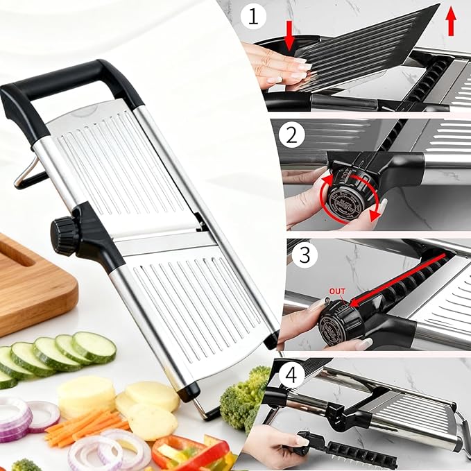 Mandoline Food Slicer, Adjustable Mandoline Slicer for Kitchen, Stainless Steel Mandolin Vegetable Chopper for Potato/Tomato/Onion, Vegetable Slicer Julienne Cutter with Cut-Resistant Gloves