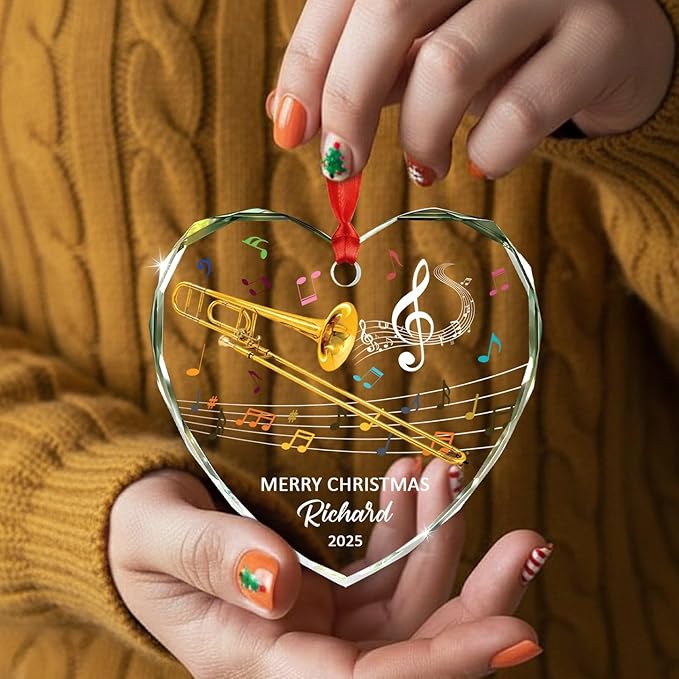 Personalized Trombone Instrument Glass Hanging Xmas Ornament, Customized Text Year Name Trombone Lover Christmas Ornaments Gift for Women Men Daughter Son Friends Besties, Unique Trombones Ornament