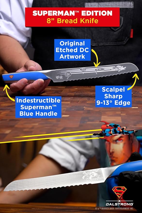 Dalstrong Serrated 8 inch Bread Knife - DC Superman™ Edition - Premium German Stainless Steel - POM Handle Full Tang - Etched Artwork Logo - Boyfriend Valentine's Gift Bread Slicer - Leather Sheath