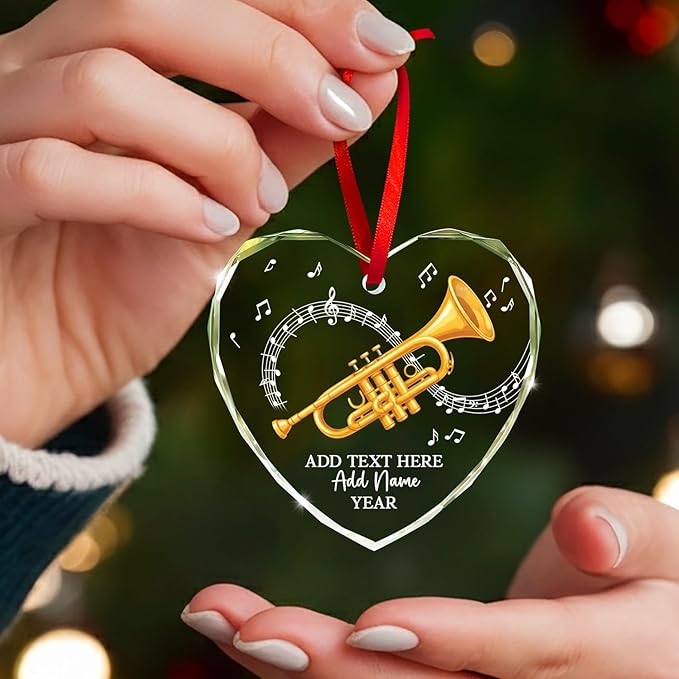 Personalized Text Name Year Trumpet Xmas Glass Ornaments, Trumpet Instrument Christmas Tree Ornament 2025, Trumpetist Christmas Ornament Gift for Men Women, Instrument Themed Xmas Decoration
