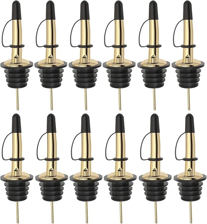 Pafusen 12 Pack Liquor Bottle Pourers, Liquor Pour Spout for Liquor Bottles, Stainless Steel Olive oil Dispenser Spout, Alcohol Pourer Spouts Dust Caps Covers Fixed, Gold