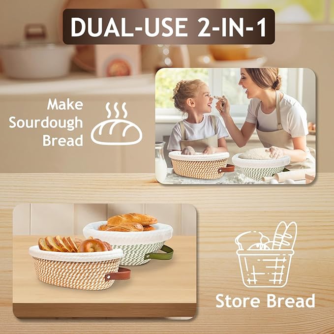 Banneton Bread Proofing Basket Set,Cotton Rope Sourdough Banneton Basket Oval Round, 10 inch Sourdough Bread Baking Supplies with 4 Liners, Handmade Proofing Bowls for Artisan Bakers Starter