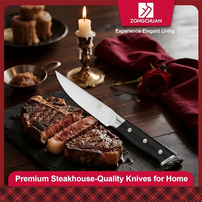 4.5 Inch Steak Knives Set of 6, Micro-Cutting Point Serrated Edge, Very Sharp Steak Knife, Dishwasher Safe, 50CR15MOV Stainless Steel, Handle Ergonomic And Full Tang Design With Gift Box