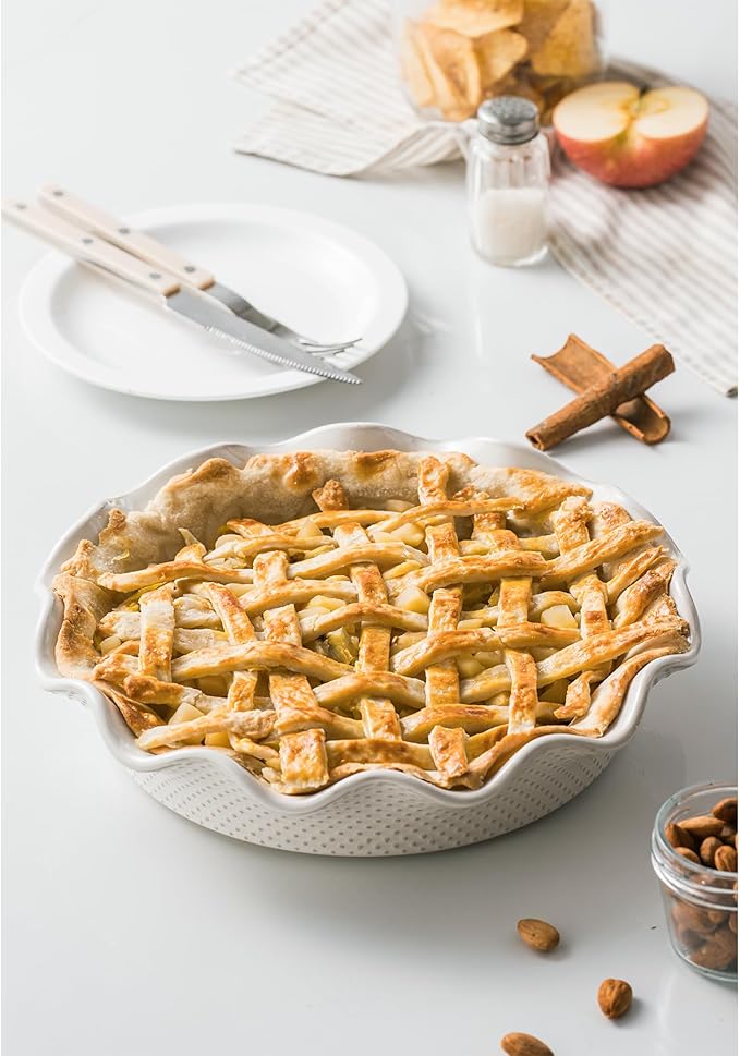 Ceramic Deep Pie Pan for Baking, 11 inch Porcelain Pie Dish for Apple Pie, Oven & Dishwasher Safe, 48 Ounce Deep Plate for Kitchen, Non-Stick Pie Pans,Off-White, Embossed Dots
