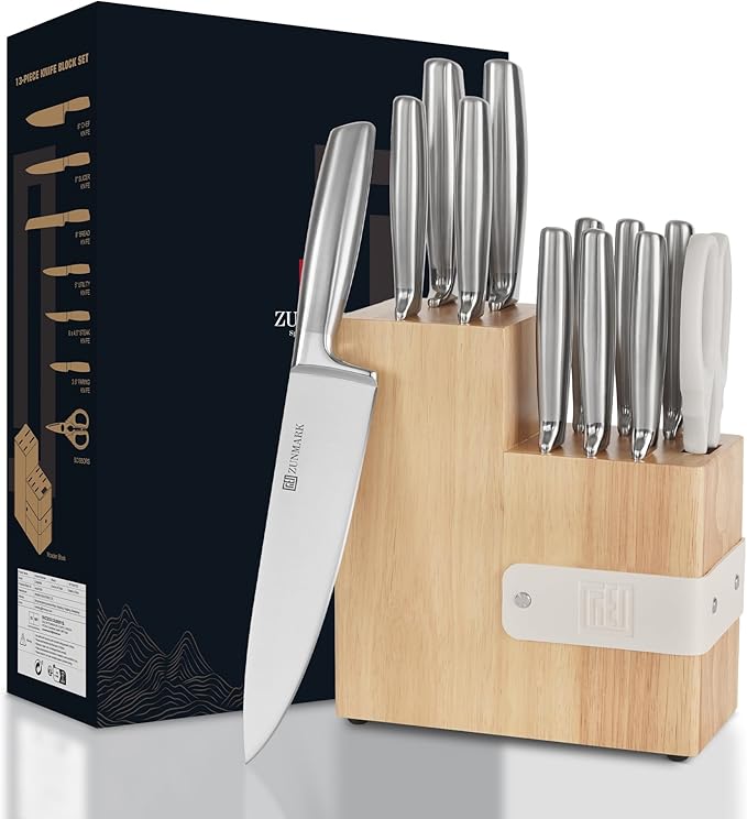 Professional 13 Piece Knife Block Set with Magnetic, Sharp Chef Knife Set, Ideal for Home and Restaurants, Silver