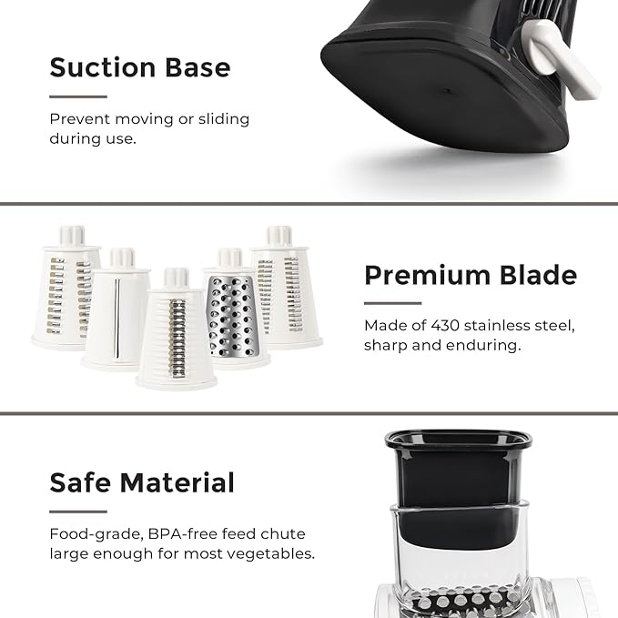 X Home 5-in-1 Rotary Cheese Grater for Kitchen, Upgraded Hand Crank Shredder with Stronger Suction Base & Multifunctional Drum Blades, for Cheese, Vegetables and Nuts, Easy to Use and Clean, Black