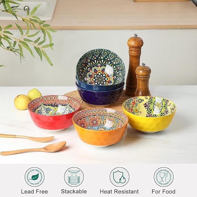KitchenTour Cereal Bowls Set of 6, 26 oz Ceramic Soup Bowls for Kitchen, 6.4 Inch Colorful Serving Bowls for Oatmeal, Salad, Pasta, Dessert - Microwave & Dishwasher Safe