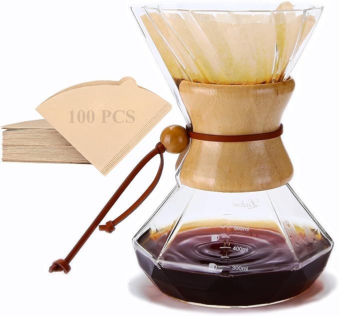 Pour Over Coffee Maker, 19 oz Borosilicate Glass Coffee Carafe with 100 PCS V60 Paper Filter, Wooden Collar & Cowhide rope, Glass Coffee dripper (Clear, 550 ml)