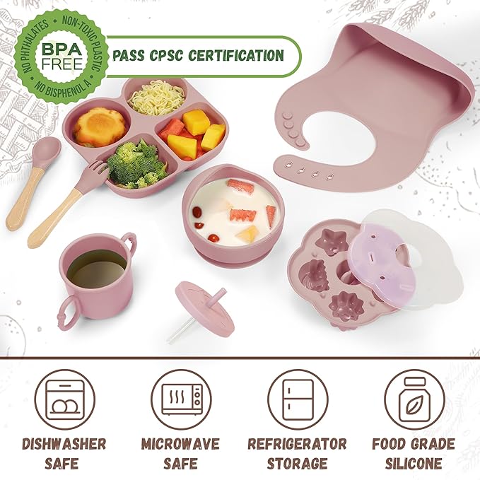Silicone Baby Feeding Set, Baby Led Weaning Supplies, Baby Food Tableware Silicone Suction Plate, Bowl, Spoons, Fork, Waterproof Bib, Cup & Complementary Food Cake Mold, Baby Eating Utensils