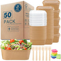 MINCOCO 50 Count Disposable Paper Bowls with Lids Meal Prep Containers 【Includes 50 Wooden Forks + 100 Labels】 Salad Food Containers Freezer & Microwave Safe Leakproof Soup Bowls (25 Ounce, 50-Count)