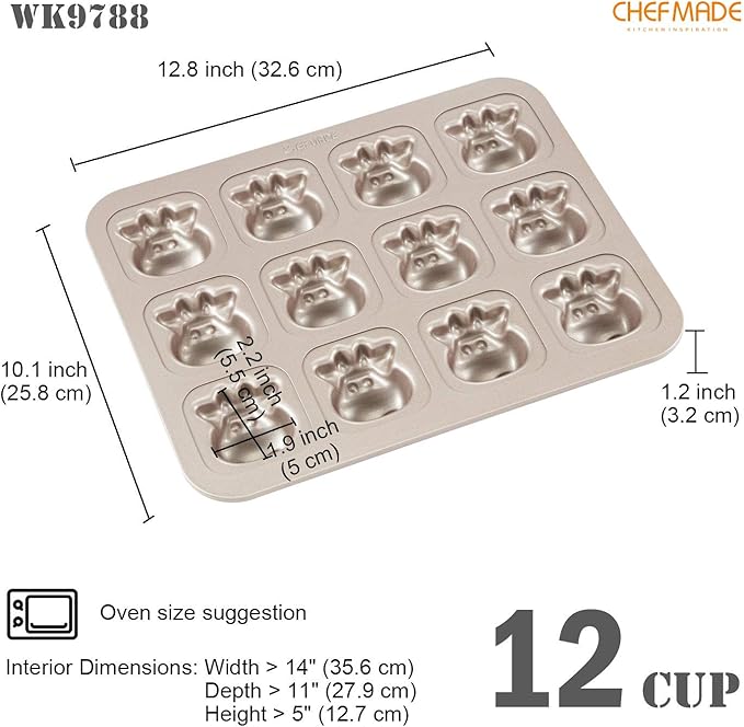 CHEFMADE Cows Cake Pan, 12-Cavity Non-Stick Animal Muffin Bakeware for Oven Baking (Champagne Gold)