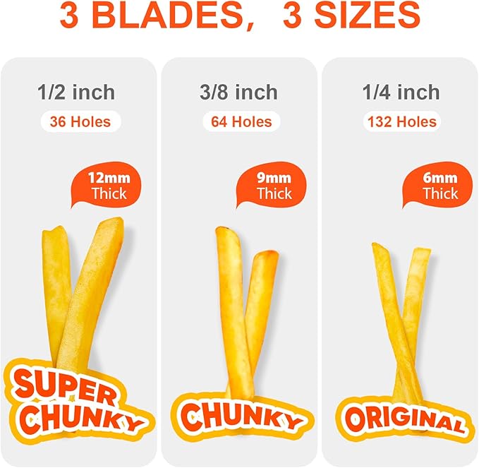 French Fry Cutter, Stainless Steel Potato Cutter with 1/2 Inch, 3/8 Inch and 1/4 Inch Blades (Manual Cutter, 1/2 '' & 3/8 '' & 1/4 '' Blade)