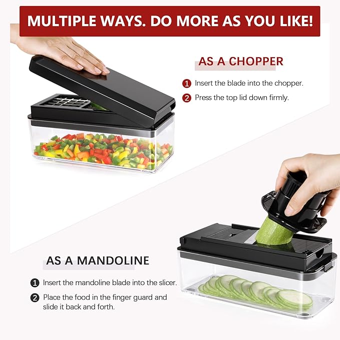 Vegetable Chopper, Onion Chopper Dicer, Mandoline Slicer, Food Chopper with Container, Vegetable Cutter for Salad Potato Carrot Garlic（9 Blades, Black）