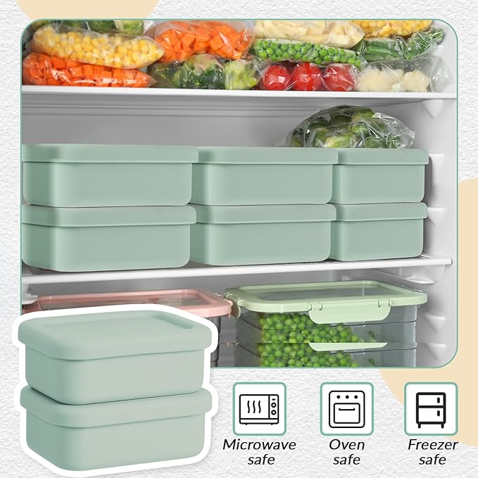 6 Packs 1 Cup Silicone Soup Freezer Molds with Lid Silicone Soup Freezer Trays Rectangle Reusable Food Preserving Tray Freezing Sauces Stews(Sage Green)
