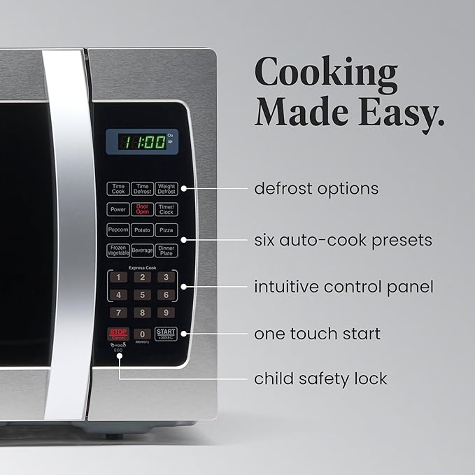 Farberware Countertop Microwave Oven 1000 Watt Power Auto Cook Settings, Defrost, Easy Clean and Child Safety Lock, 1.3 Cu. Ft, Stainless