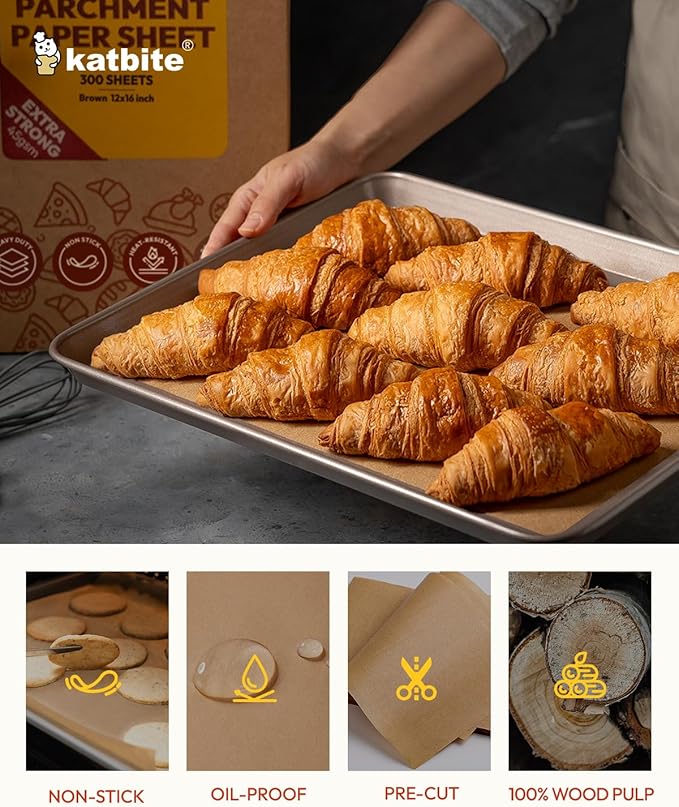 Katbite 300Pcs 12x16 In Parchment Paper Sheets, Heavy Duty Baking Paper, Unbleached Non-stick Sheets for Air Fryer, Grilling, Steaming Cooking Bread Cake and Wrapping Foods[Advanced Series]