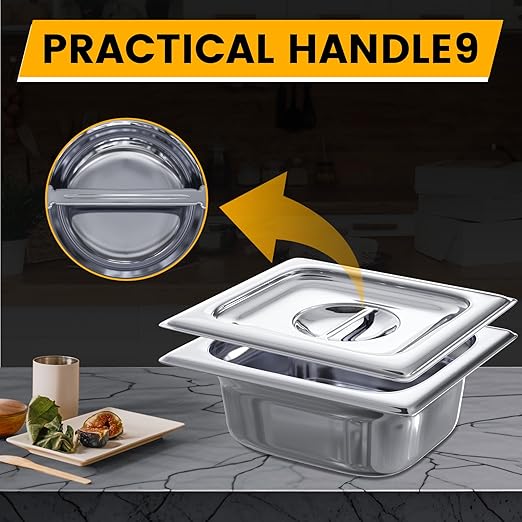 Hotel Pan Lids 6 Pack– Fits 1/6 Size Stainless Steel Steam Table Pans, Anti-Jam Food Pan Cover for Catering, Buffet Use, Kitchen Prep