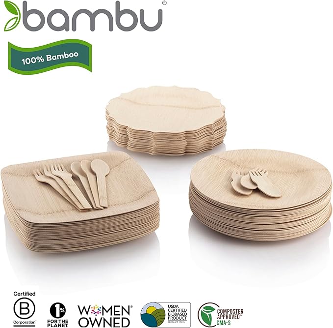 Bambu Pack of 100-7 Inch Disposable Bamboo Plates Fancy, Biodegradable Eco Friendly Products, Bamboo Disposable Plates for Party, Weddings, and Events, Great For Any Occasion - Bulk Case