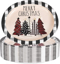 WDF 50Pack Christmas Paper Plates - 10"x12" Christmas Tree Plates Christmas Oval Paper Checkered Plates - Dinner Size Large Disposable Platter Heavy Duty for Happy Christmas Serving