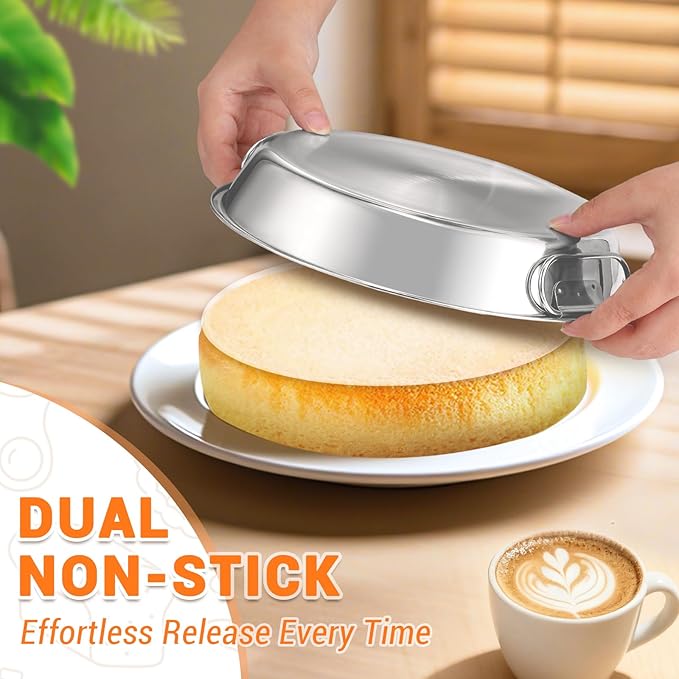 BEWOS 103 Pcs 7.4" Round Cake Pans - Nonstick Stainless Steel Cake Pans with 100 Pcs Parchment Paper, Non-Toxic Cake Baking Pans with Handles, Mirror Finish & Dishwasher Safe